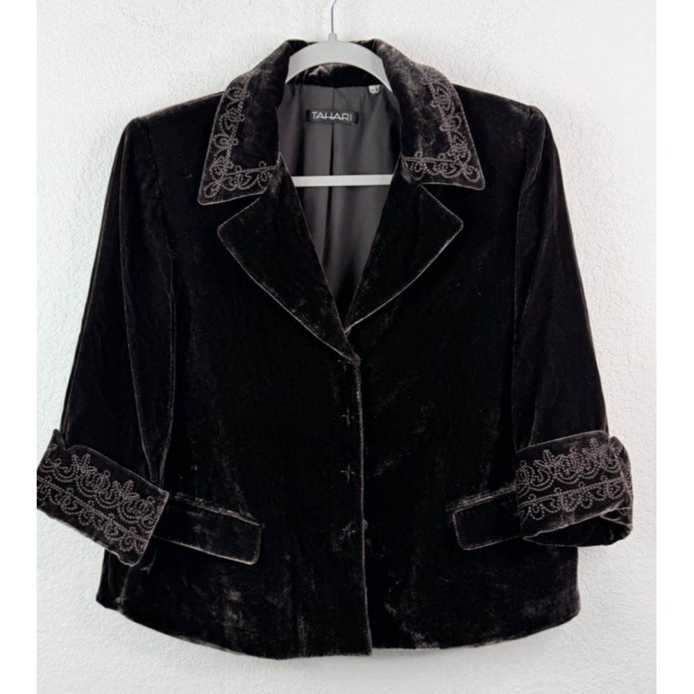 Tahari Silk Velvet Blazer Sz 6 Brown Embroidered Peplum Victorian Dark Academia